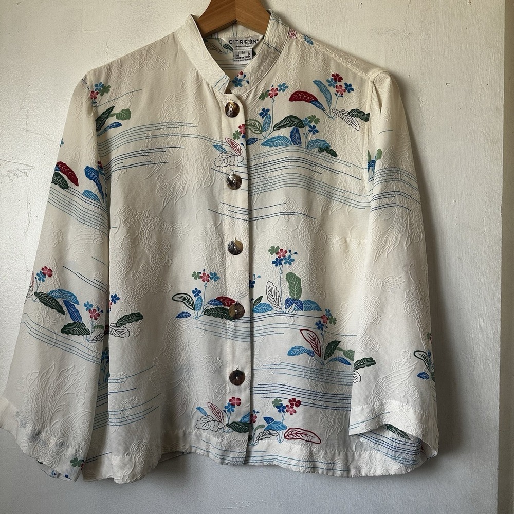Citron of Santa Monica 100% Silk Blouse Cream/Multi Cropped Boho Women's Medium